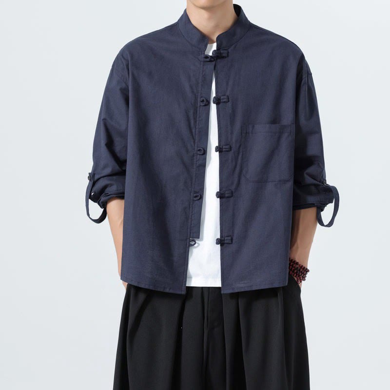 Buddha Stones Chemises à manches longues pour homme, style Tang minimaliste, col mandarin à boutons brandebourg, couleur unie, avec poches, idéales pour le printemps et l'automne. - Marine - US/UK/AU46，EU56 (5XL) - image 0