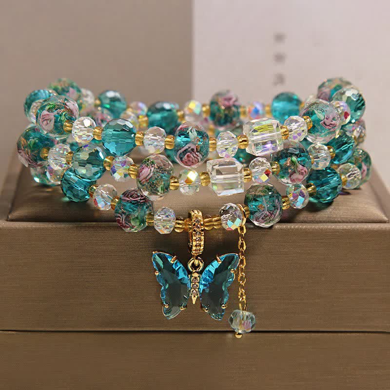 Buddha Stones Bracelet triple tour Liuli en perles de verre et papillon transformable - Papillon (Transformation ♥ Amour) - image 0