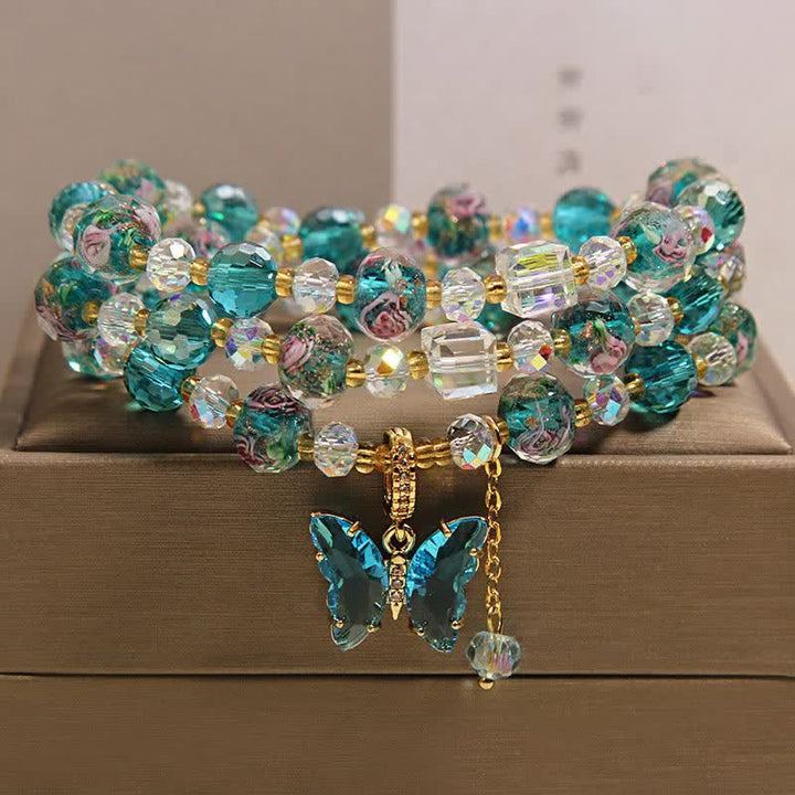 Buddha Stones Bracelet triple tour Liuli en perles de verre et papillon transformable - Papillon (Transformation ♥ Amour) - image 0