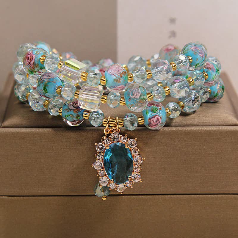 Buddha Stones Bracelet triple tour Clarity avec perles de verre Liuli bleues, breloque ovale florale et perles de verre. - 5,9-6,3 po / 15-16 cm - image 0