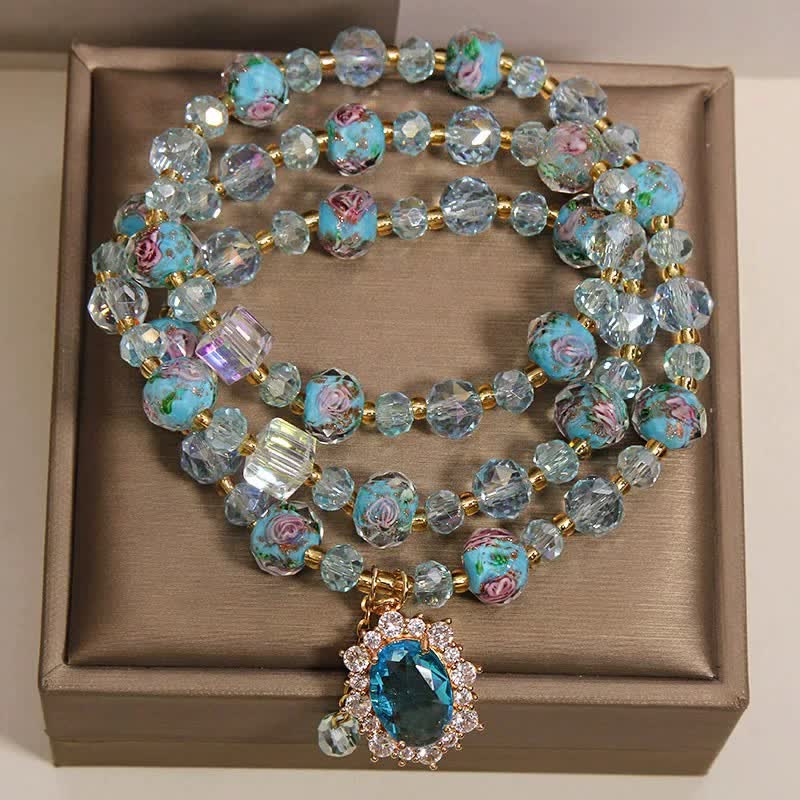 Buddha Stones Bracelet triple tour Clarity avec perles de verre Liuli bleues, breloque ovale florale et perles de verre. - image 1