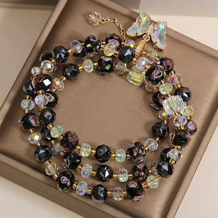 Buddha Stones Bracelet triple tour avec breloque papillon rose et perles de verre Liuli noires - image 2