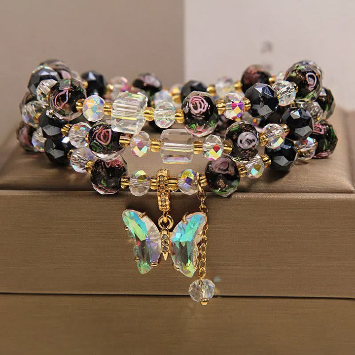 Buddha Stones Bracelet triple tour avec breloque papillon rose et perles de verre Liuli noires - image 8