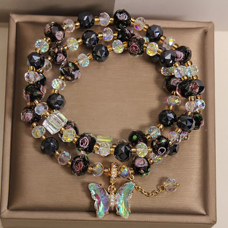 Buddha Stones Bracelet triple tour avec breloque papillon rose et perles de verre Liuli noires - image 1