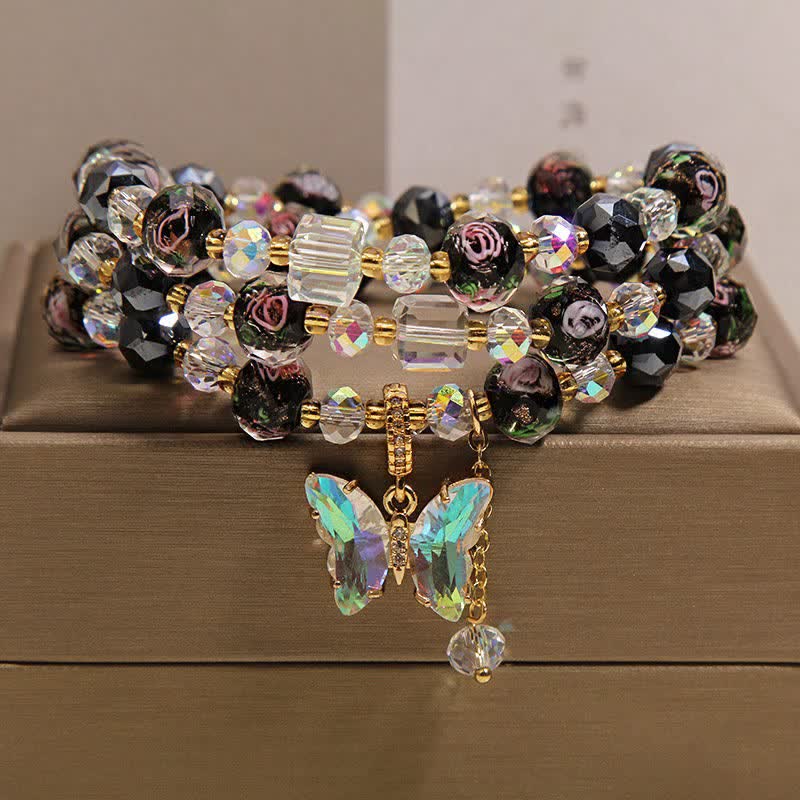 Buddha Stones Bracelet triple tour avec breloque papillon rose et perles de verre Liuli noires - image 7