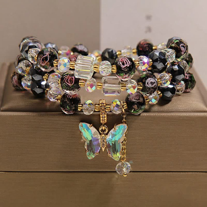 Buddha Stones Bracelet triple tour avec breloque papillon rose et perles de verre Liuli noires - image 7
