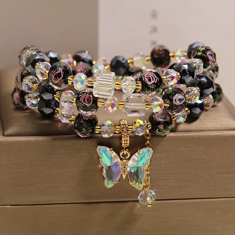 Buddha Stones Bracelet triple tour avec breloque papillon rose et perles de verre Liuli noires - Papillon (Transformation ♥ Amour) - image 0