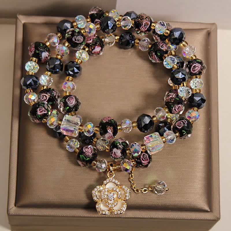 Buddha Stones Bracelet à breloque camélia en perles de verre noir Liu Li, harmonieux et harmonieux - image 1