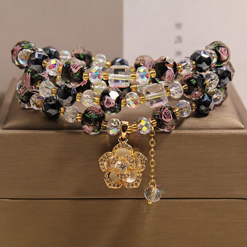 Buddha Stones Bracelet à breloque camélia en perles de verre noir Liu Li, harmonieux et harmonieux - Charme camélia noir - image 0