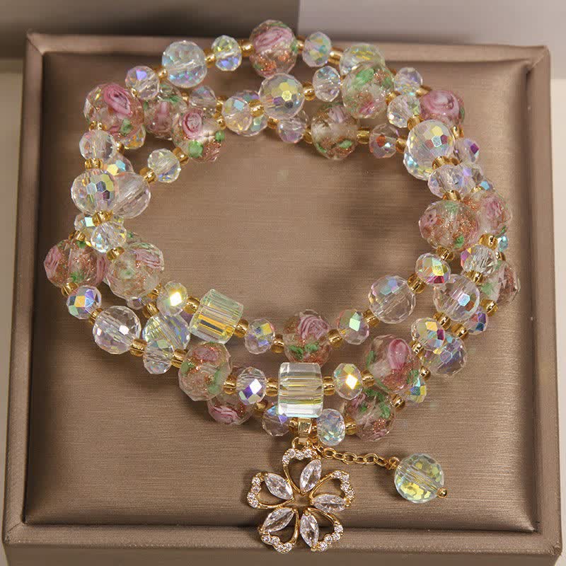 Buddha Stones Bracelet à breloques florales triple tour en perles de verre Liuli blanches, jardin de roses, perles de verre Liuli. - image 1