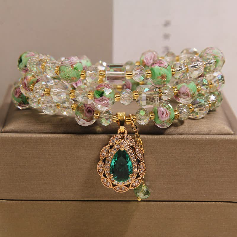 Buddha Stones Bracelet triple tour en verre Liuli doré, rose jardin en forme de larme, énergie triple tour - Vert (Tour de poignet : 15-16 cm) - image 0