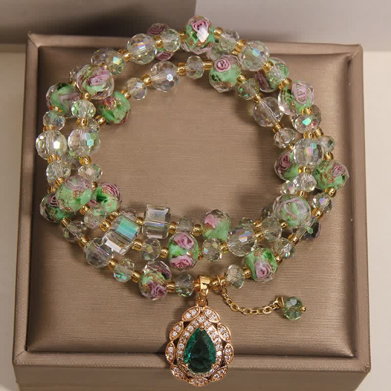 Buddha Stones Bracelet triple tour en verre Liuli doré, rose jardin en forme de larme, énergie triple tour - image 1