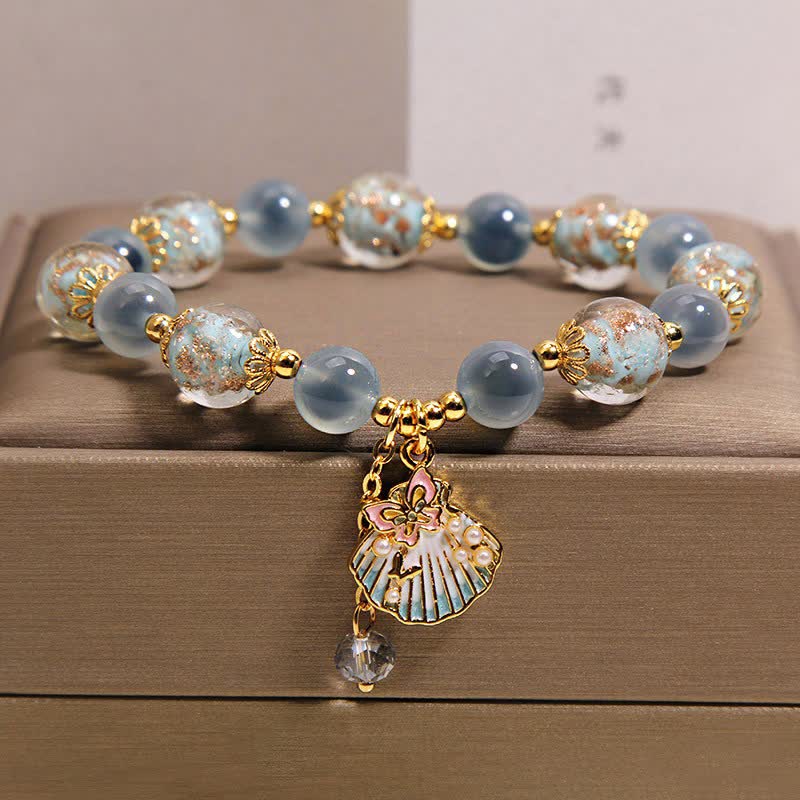 Buddha Stones Bracelet à breloques papillon en perles de verre Liuli et agate bonbon, coquillage et amour - Agate bonbon bleue (Tour de poignet : 15-16 cm) - image 0