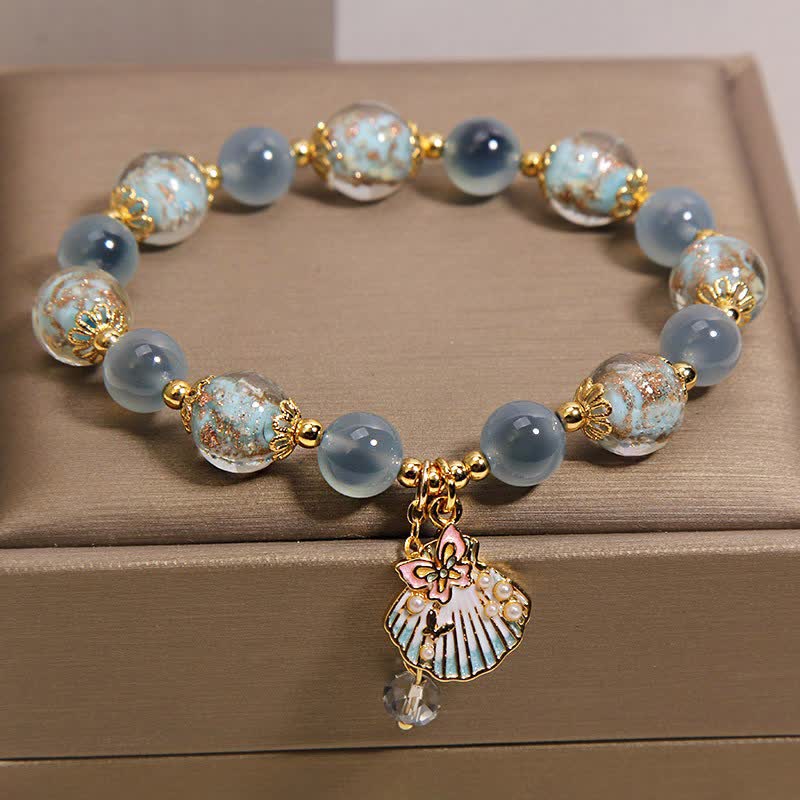 Buddha Stones Bracelet à breloques papillon en perles de verre Liuli et agate bonbon, coquillage et amour - image 1