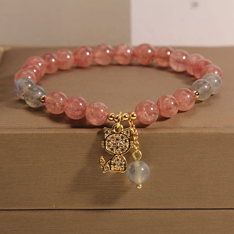 Buddha Stones Bracelet d'amour avec breloque chat en quartz fraise et pierre de lune - Quartz Fraise (Tour de poignet : 14-15 cm) - image 0
