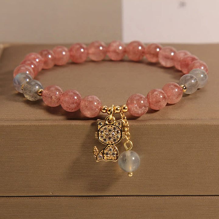 Buddha Stones Bracelet d'amour avec breloque chat en quartz fraise et pierre de lune - Quartz Fraise (Tour de poignet : 14-15 cm) - image 0