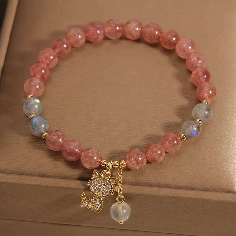 Buddha Stones Bracelet d'amour avec breloque chat en quartz fraise et pierre de lune - image 1