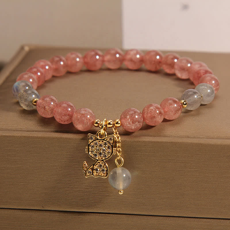 Buddha Stones Bracelet d'amour avec breloque chat en quartz fraise et pierre de lune - image 5