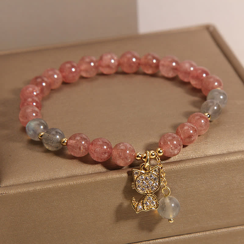 Buddha Stones Bracelet d'amour avec breloque chat en quartz fraise et pierre de lune - image 4