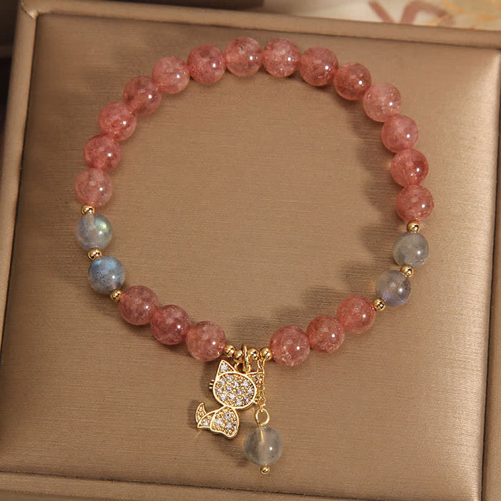 Buddha Stones Bracelet d'amour avec breloque chat en quartz fraise et pierre de lune - image 2