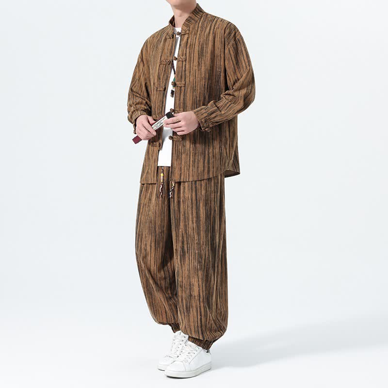 Buddha Stones Ensemble 2 pièces automne-hiver style Tang, chemise et pantalon en velours côtelé rayé, tissu de méditation pour homme - Tanné - US/UK/AU46，EU56 (5XL) - image 0