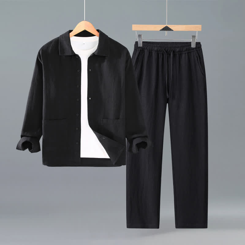 Buddha Stones Chemise et pantalon en ramie unie, style minimaliste et décontracté, parfaits pour la méditation, pour homme, avec poches, printemps-automne. - Noir - US/UK/AU42，EU52 (3XL) - image 1