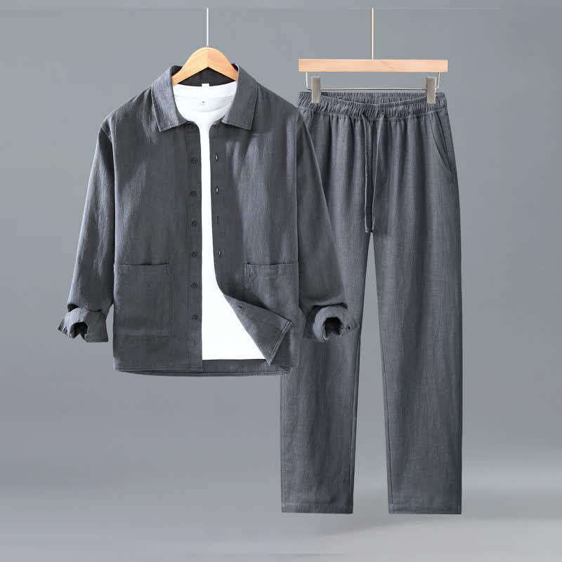 Buddha Stones Chemise et pantalon en ramie unie, style minimaliste et décontracté, parfaits pour la méditation, pour homme, avec poches, printemps-automne. - Gris terne - US/UK/AU42，EU52 (3XL) - image 0