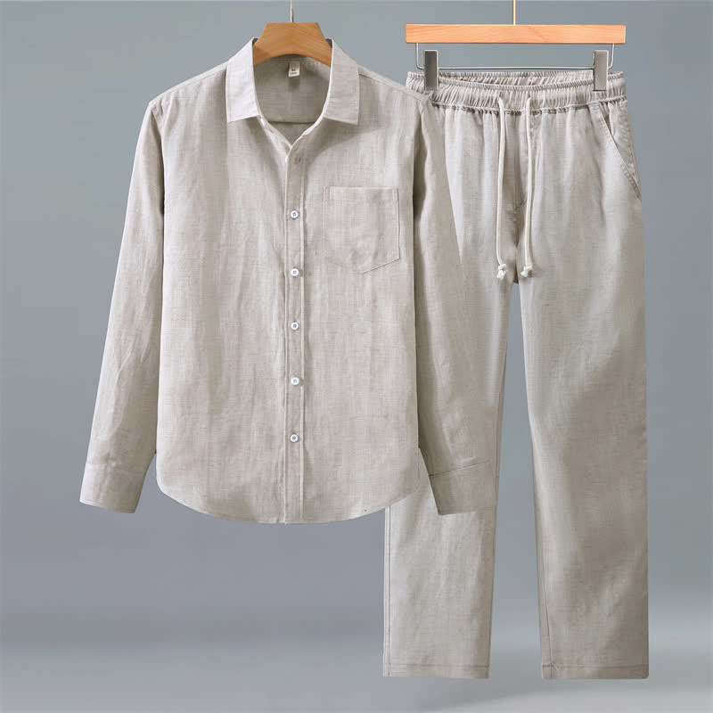 Buddha Stones Ensemble 2 pièces printemps automne chemise unie pantalon décontracté boutonné vêtement de méditation pour homme avec poches - Beige - US/UK/AU42，EU52 (3XL) - image 0
