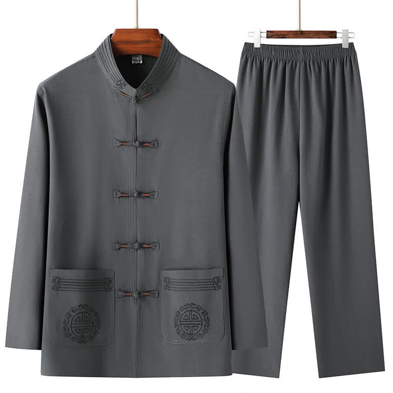 Buddha Stones Ensemble chemise et pantalon style Tang décontracté printemps-automne, col mandarin, boutons brandebourg, couleur unie, avec poches, idéal pour la méditation. - Gris terne - US/UK/AU44，EU54 (4XL) - image 0