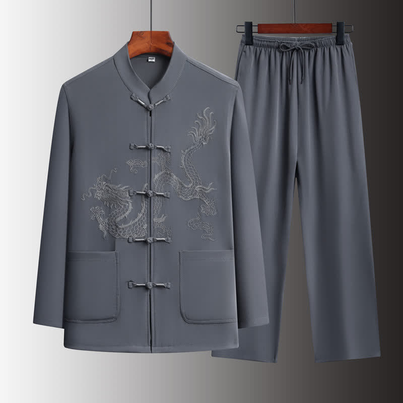 Buddha Stones Ensemble 2 pièces printemps/automne : chemise et pantalon style Tang, col mandarin, boutons brandebourg, broderie dragon, tenue de méditation pour homme avec poches. - Gris foncé - US/UK/AU44，EU54 (4XL) - image 0