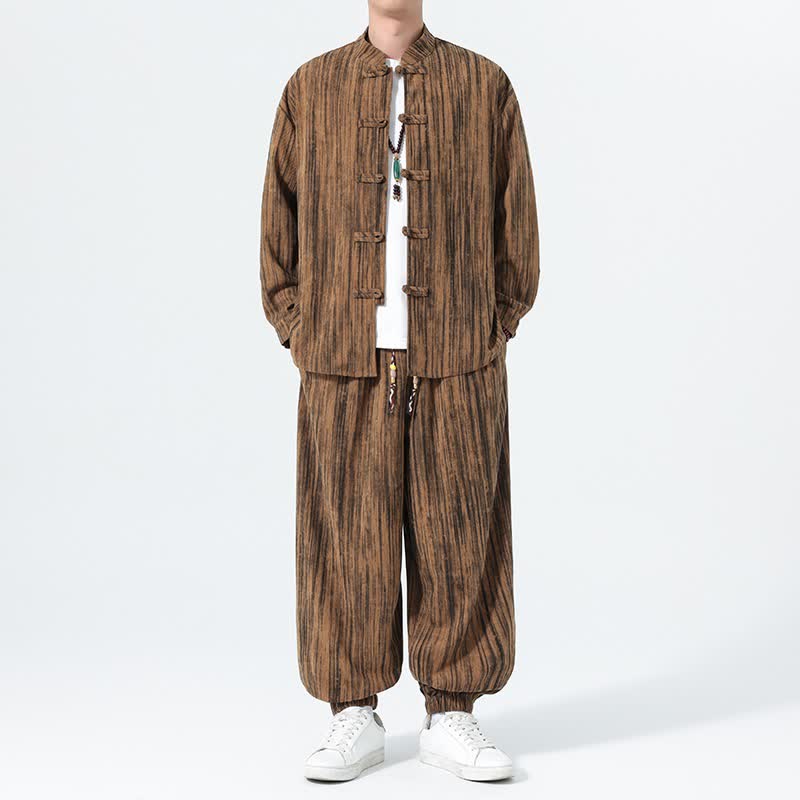 Buddha Stones Ensemble 2 pièces automne-hiver style Tang, chemise et pantalon en velours côtelé rayé, tissu de méditation pour homme - image 1