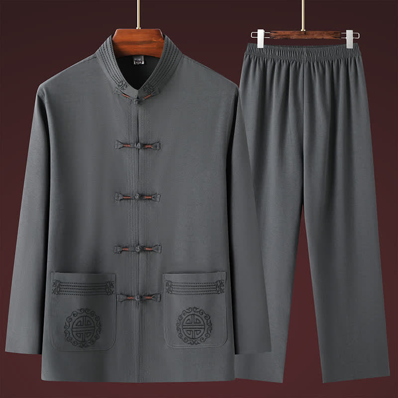 Buddha Stones Ensemble chemise et pantalon style Tang décontracté printemps-automne, col mandarin, boutons brandebourg, couleur unie, avec poches, idéal pour la méditation. - image 1
