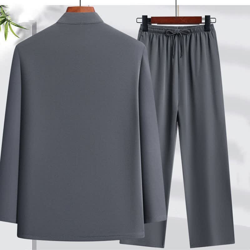 Buddha Stones Ensemble 2 pièces printemps/automne : chemise et pantalon style Tang, col mandarin, boutons brandebourg, broderie dragon, tenue de méditation pour homme avec poches. - image 1