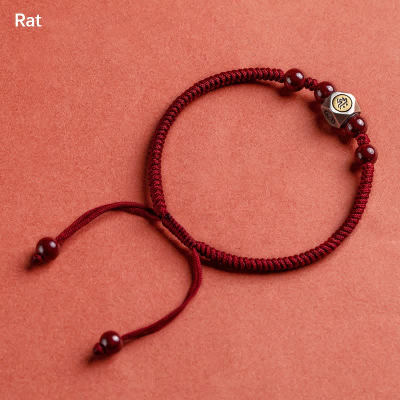 Bracelet en argent sterling 925 et cinabre, symbole du zodiaque chinois, Buddha Stones et symbole de calme. - Rat - Rouge (Tour de poignet 14-18 cm) - image 1