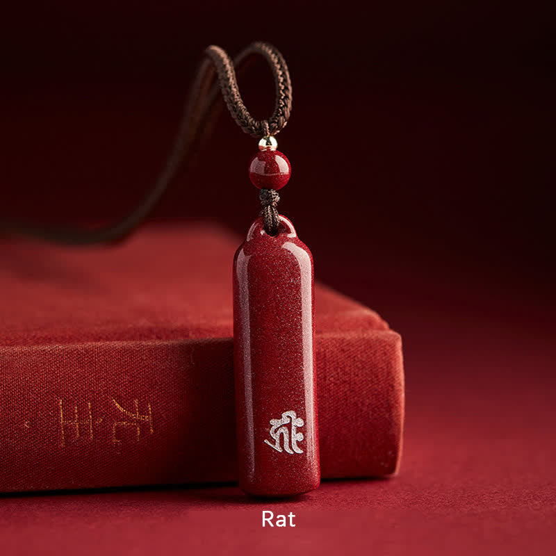 Buddha Stones, Zodiaque chinois, Cinabre, Amulette de protection, Collier avec pendentif en cordon, Collier en cordon, Pendentif, Amulette de protection en cinabre, Collier avec pierre de Bouddha, Zodiaque chinois - Brun - Rat - image 2