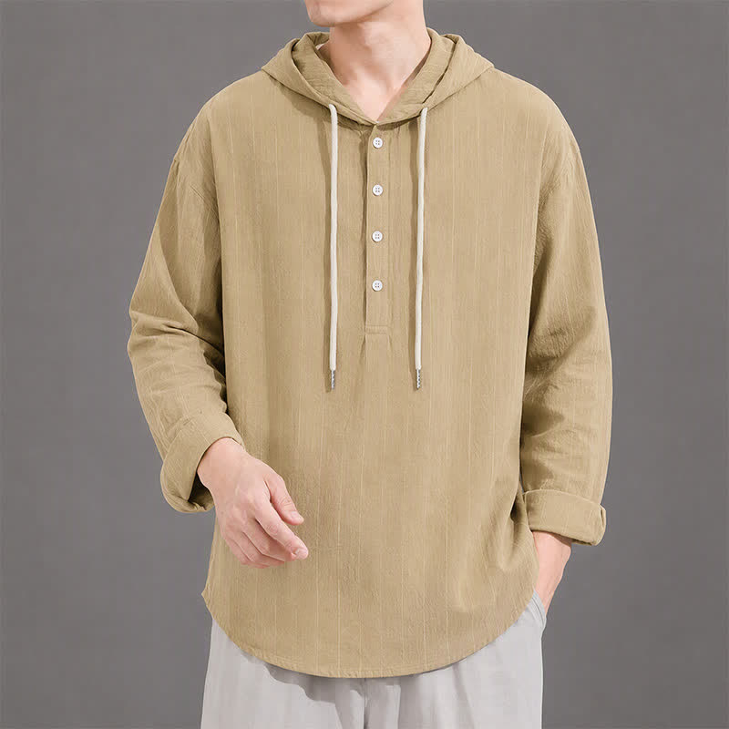 Buddha Stones Chemises à manches longues rayées minimalistes décontractées printanières à cordon de serrage pour hommes - Kaki foncé - US/UK/AU42, EU52 (3XL) - image 0