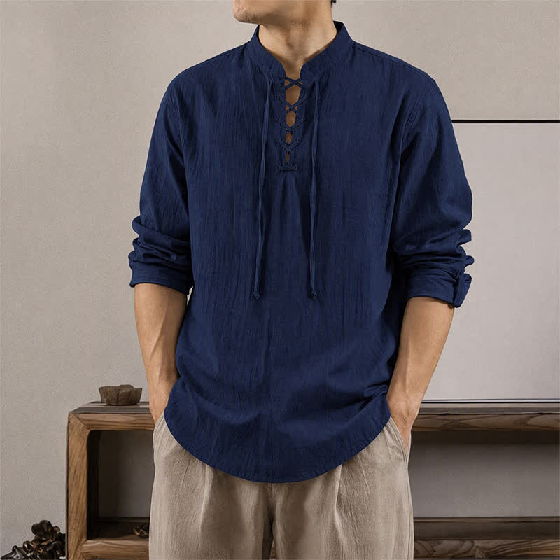 Buddha Stones Chemises à manches longues pour hommes, style Tang, décontractées, printemps-automne, cordon de serrage, en coton et lin unis - Bleu nuit - US/UK/AU42, EU52 (3XL) - image 0