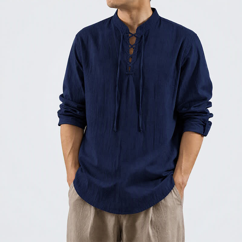 Buddha Stones Chemises à manches longues pour hommes, style Tang, décontractées, printemps-automne, cordon de serrage, en coton et lin unis - image 1