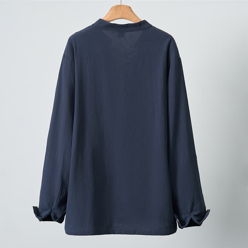 Buddha Stones Chemises à manches longues pour hommes, style Tang, décontractées, printemps-automne, cordon de serrage, en coton et lin unis - image 3