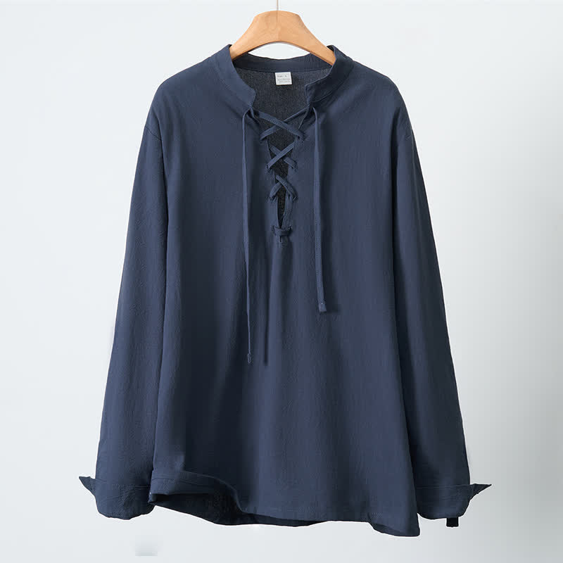 Buddha Stones Chemises à manches longues pour hommes, style Tang, décontractées, printemps-automne, cordon de serrage, en coton et lin unis - image 2