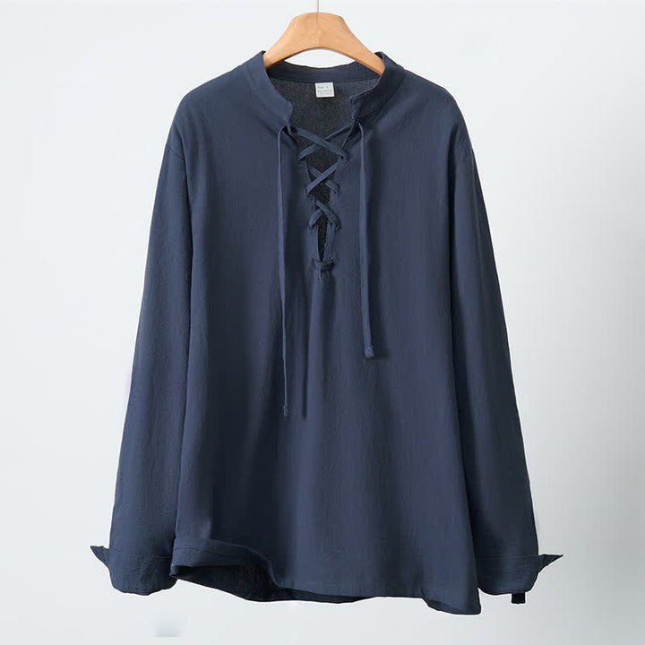 Buddha Stones Chemises à manches longues pour hommes, style Tang, décontractées, printemps-automne, cordon de serrage, en coton et lin unis - image 2