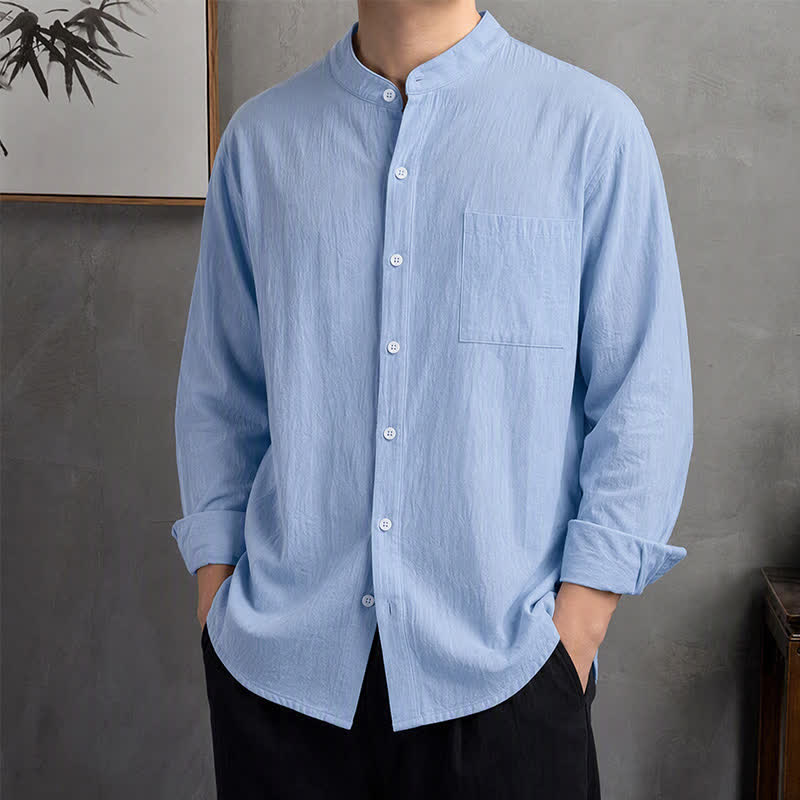 Buddha Stones Chemises à manches longues pour homme, style Tang, col mandarin, manches longues, poches plaquées, style décontracté printemps-automne - Bleu poudré - US/UK/AU42, EU52 (3XL) - image 0