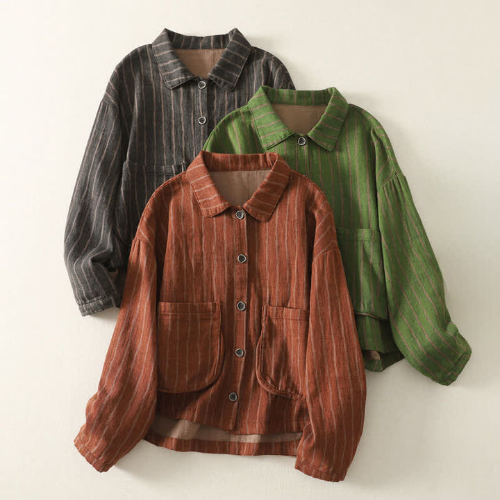 Buddha Stones Veste rayée vintage décontractée d'automne pour femme, à boutons et poches - image 11