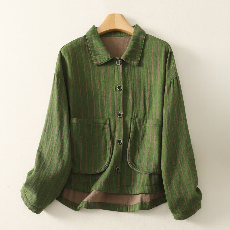 Buddha Stones Veste rayée vintage décontractée d'automne pour femme, à boutons et poches - Vert foncé - US4-12, UK/AU8-16, EU36-44 (F) - image 6