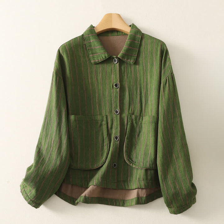 Buddha Stones Veste rayée vintage décontractée d'automne pour femme, à boutons et poches - Vert foncé - US4-12, UK/AU8-16, EU36-44 (F) - image 6