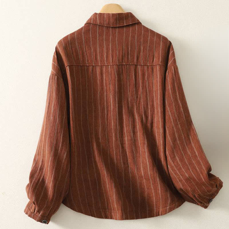 Buddha Stones Veste rayée vintage décontractée d'automne pour femme, à boutons et poches - image 9