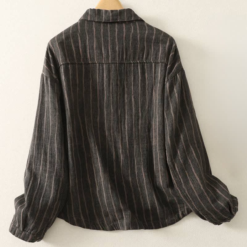 Buddha Stones Veste rayée vintage décontractée d'automne pour femme, à boutons et poches - image 1
