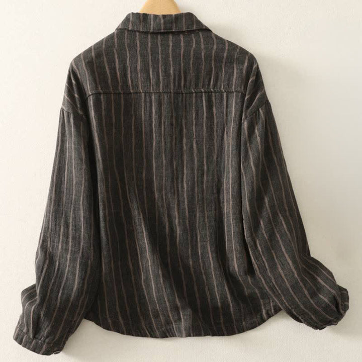 Buddha Stones Veste rayée vintage décontractée d'automne pour femme, à boutons et poches - image 1