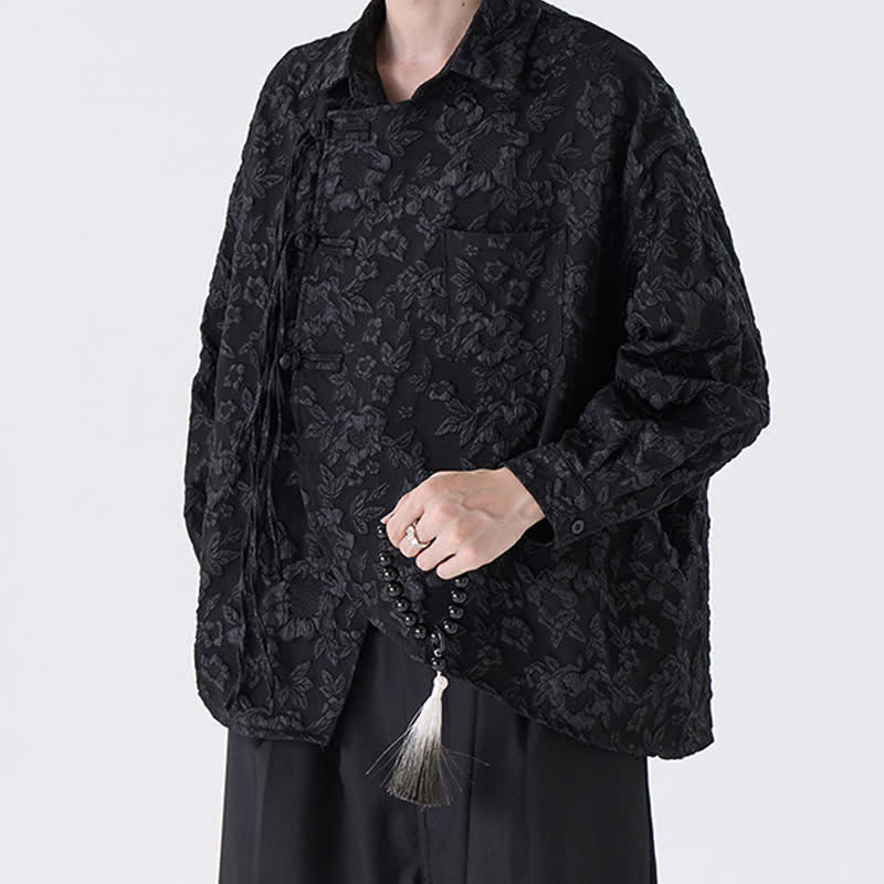 Buddha Stones Chemises à manches longues pour homme, style vintage printemps-automne, à boutons brandebourg et imprimé floral jacquard, avec poches plaquées. - Noir - US/UK/AU50, EU60 (5XL) - image 0