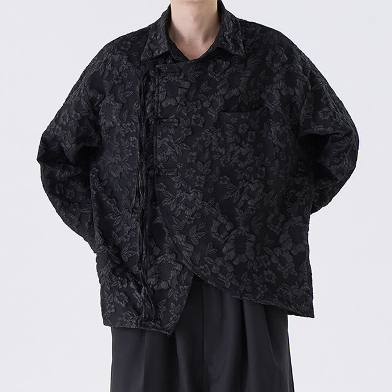 Buddha Stones Chemises à manches longues pour homme, style vintage printemps-automne, à boutons brandebourg et imprimé floral jacquard, avec poches plaquées. - image 1